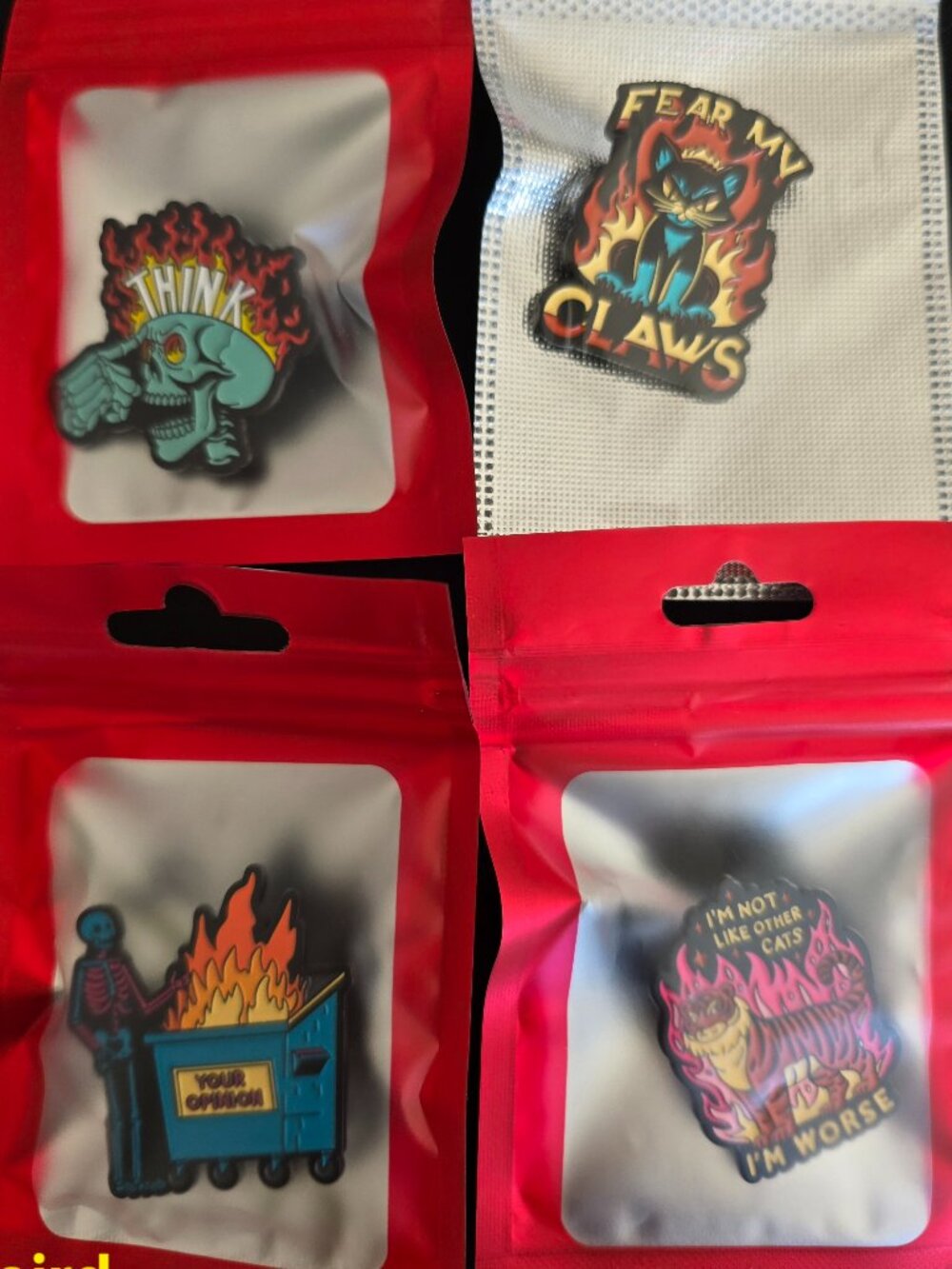 Dark Humor Enamel Pin Bundle - Fear My Claws, Skeleton Dumpster Fire & more